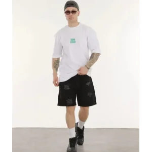 Unisex Bisiklet Yaka Baskılı Oversize T-Shirt - Beyaz