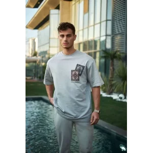 Unisex Bisiklet Yaka Baskılı Oversize T-Shirt - Boyalı Gri