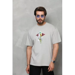 Unisex Bisiklet Yaka Baskılı Oversize T-Shirt - Gri