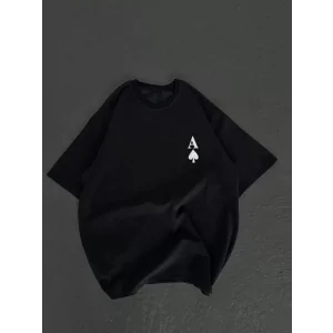 Unisex Bisiklet Yaka Baskılı Oversize T-Shirt - Siyah