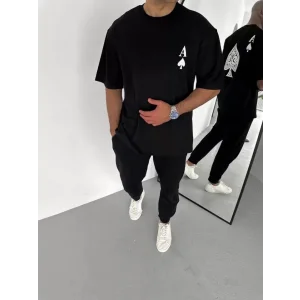 Unisex Bisiklet Yaka Baskılı Oversize T-Shirt - Siyah