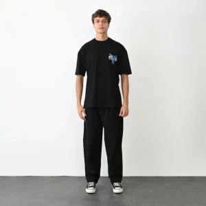 Unisex Bisiklet Yaka Baskılı Oversize T-Shirt - Siyah