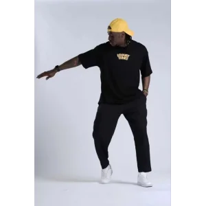 Unisex Bisiklet Yaka Baskılı Oversize T-Shirt - Siyah