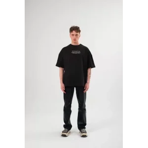 Unisex Bisiklet Yaka Baskılı Oversize T-Shirt - Siyah