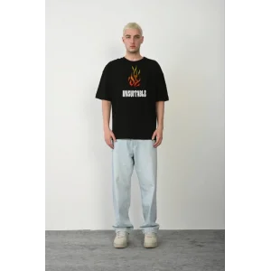 Unisex Bisiklet Yaka Baskılı Oversize T-Shirt - Siyah