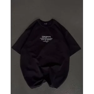 Unisex Bisiklet Yaka Baskılı Oversize T-Shirt - Siyah