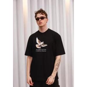 Unisex Bisiklet Yaka Baskılı Oversize T-Shirt - Siyah
