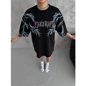 Unisex Bisiklet Yaka Baskılı Oversize T-Shirt - Siyah