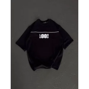 Unisex Bisiklet Yaka Baskılı Oversize T-Shirt - Siyah
