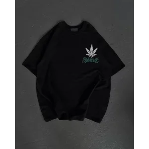 Unisex Bisiklet Yaka Baskılı Oversize T-Shirt - Siyah