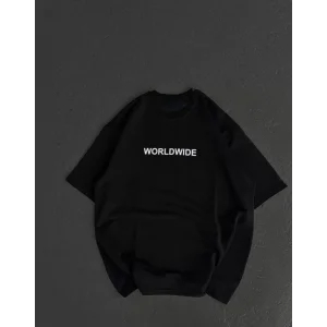 Unisex Bisiklet Yaka Baskılı Oversize T-Shirt - Siyah