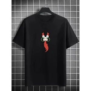 Unisex Bisiklet Yaka Baskılı Oversize T-Shirt - Siyah
