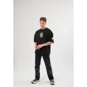 Unisex Bisiklet Yaka Baskılı Oversize T-Shirt - Siyah