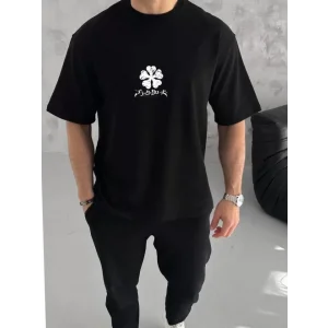 Unisex Bisiklet Yaka Baskılı Oversize T-Shirt - Siyah