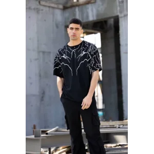 Unisex Bisiklet Yaka Baskılı Oversize T-Shirt - Siyah
