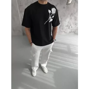 Unisex Bisiklet Yaka Baskılı Oversize T-Shirt - Siyah