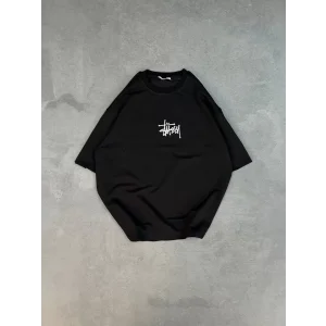 Unisex Bisiklet Yaka Baskılı Oversize T-Shirt - Siyah