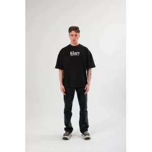 Unisex Bisiklet Yaka Baskılı Oversize T-Shirt - Siyah
