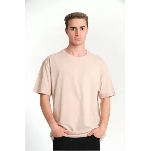 Unisex Düz Biskilet Yaka Oversize T-shirt - Bej