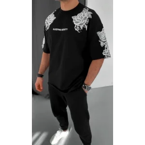 Unisex Flok Kabartma Baskılı T-Shirt - Siyah