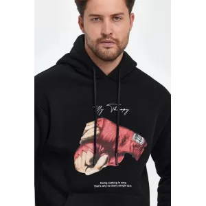 Unisex Kapüşonlu Üç İplik Oversize Baskılı Sweatshirt - Siyah