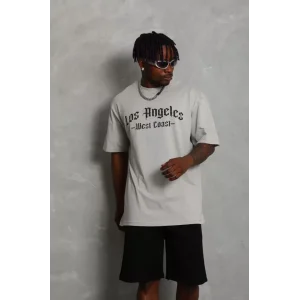 Unisex Oversize Baskılı Bisiklet Yaka T-Shirt - Gri