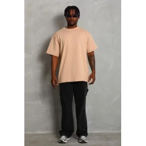 Unisex Oversize Düz Bisiklet Yaka T-Shirt - Bej