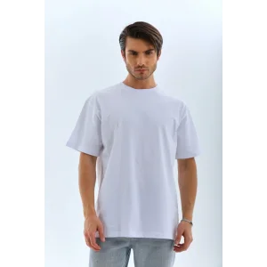 Unisex Oversize Düz Bisiklet Yaka T-Shirt - Beyaz