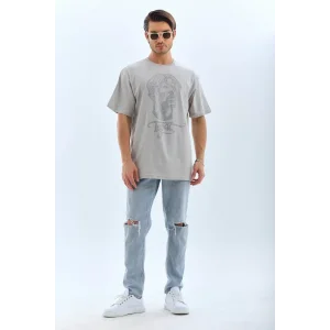 Unisex Oversize Taşlı Bisiklet Yaka T-Shirt - Gri