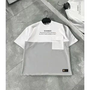 Unisex Torba Cep Detaylı  Parçalı T-Shirt - Gri