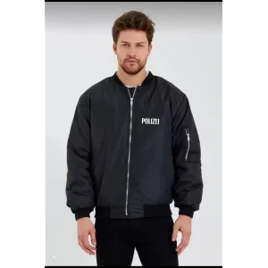 Unisex Uzun Kol Baskılı Bomber Ceket - Siyah