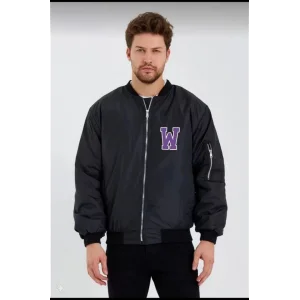 Unisex Uzun Kol Baskılı Bomber Ceket - Siyah