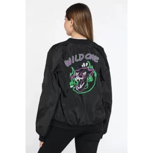Unisex Uzun Kol Baskılı Bomber Ceket - Siyah