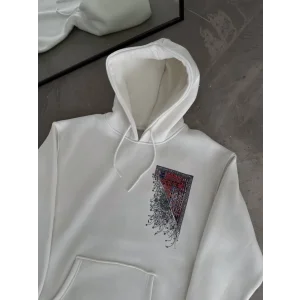 Uzun Kol Kapşonlu Ön Ve Arka Baskılı SweatShirt - Beyaz