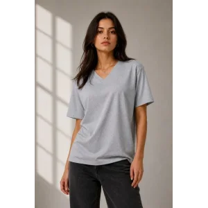 V Yaka Basic Tişört Kısa Kol Yazlık Regular Fit T-Shirt - Gri