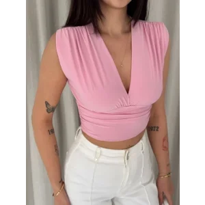 Vatkalı Kolsuz V Yaka Drapeli Crop Bluz Likralı Fit - Pembe