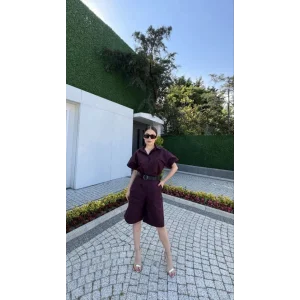 Yakalı Gömlek Kemerli Şortlu Takım - Bordo