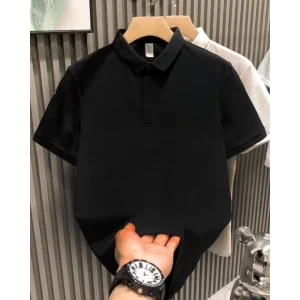 Yakası Düğmeli Yakalı Pike Düz T-Shirt - Siyah