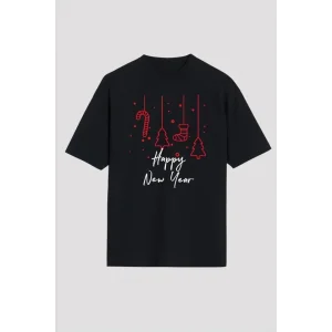 Yılbaşı Happy New Year Baskılı Kısa Kollu Oversize Bisiklet Yaka T-shirt - Siyah