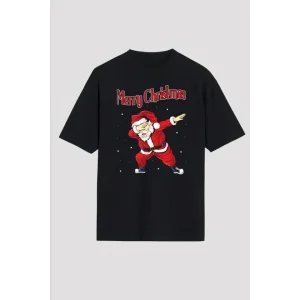 Yılbaşı Merry Christmas Noel Baba Baskılı Oversize Bisiklet Yaka T-shirt - Siyah