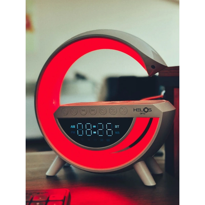 Helios Bluetooth Kablosuz Şarj Standı, Ses Bombası,  FM Radyo ve Masa Lambası