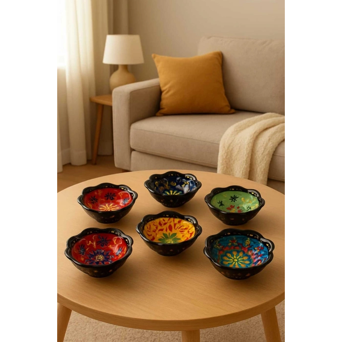 6lı Çeşitli Çini işlemeli Sosluk Çerezlik Sunumluk Kase Tabak