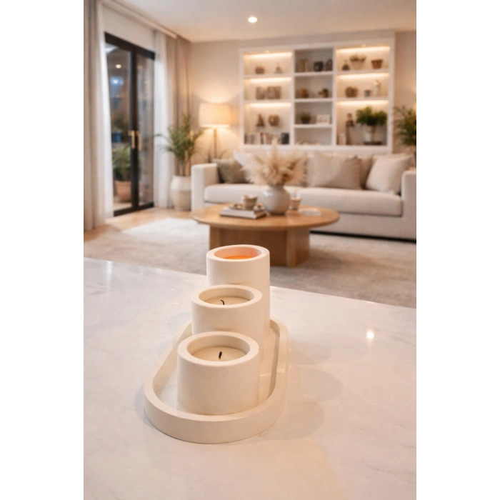 Minimal 3lü Dekoratif Mum Seti (Tepsi ve 3 Adet Tealight Mum Dahildir)