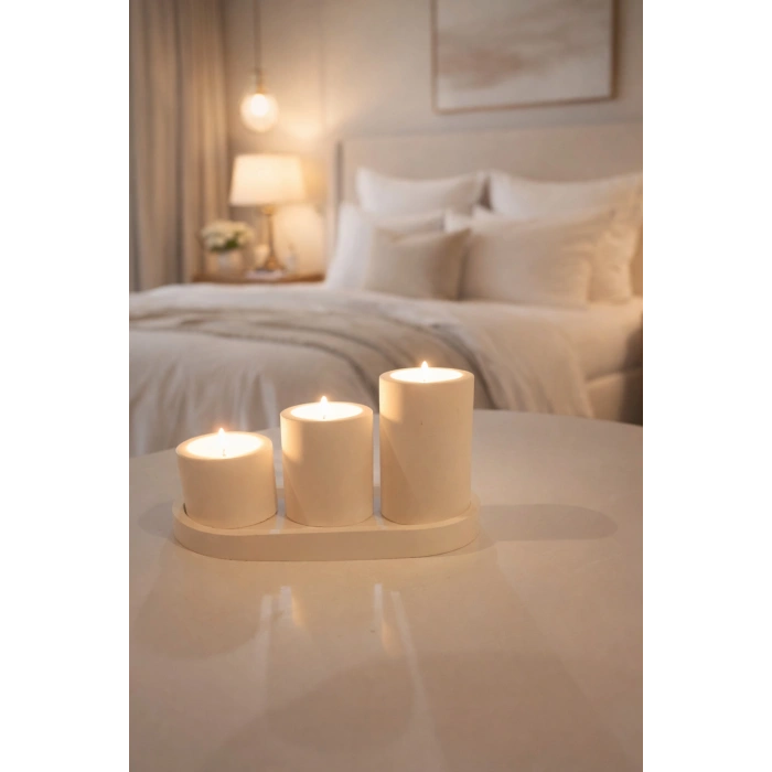 Minimal 3lü Dekoratif Mum Seti (Tepsi ve 3 Adet Tealight Mum Dahildir)