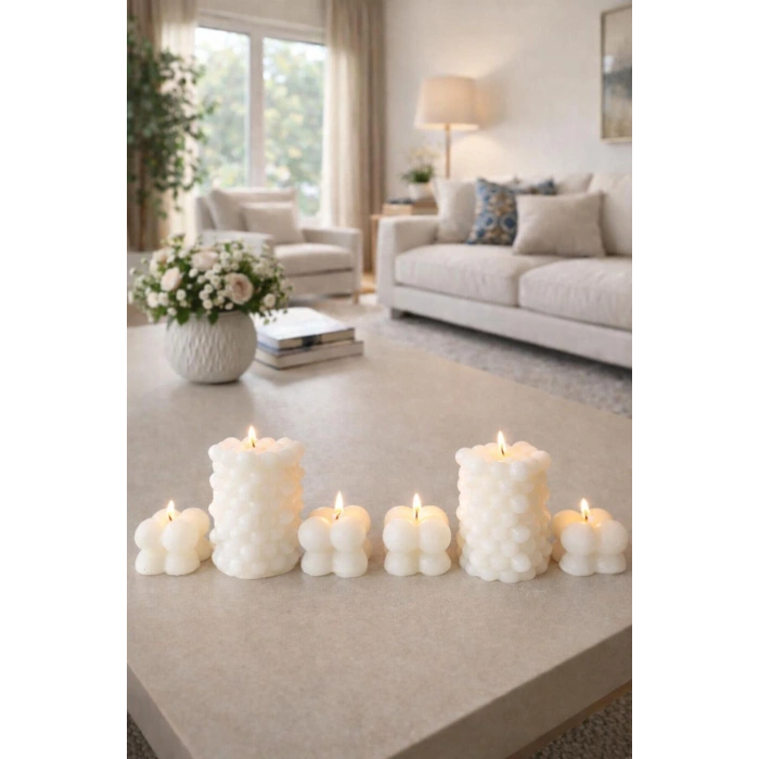 Dekoratif 6lı Bubble Mum Seti | El Yapımı Beyaz Minimalist Mum | Modern Salon & Ev Dekoru