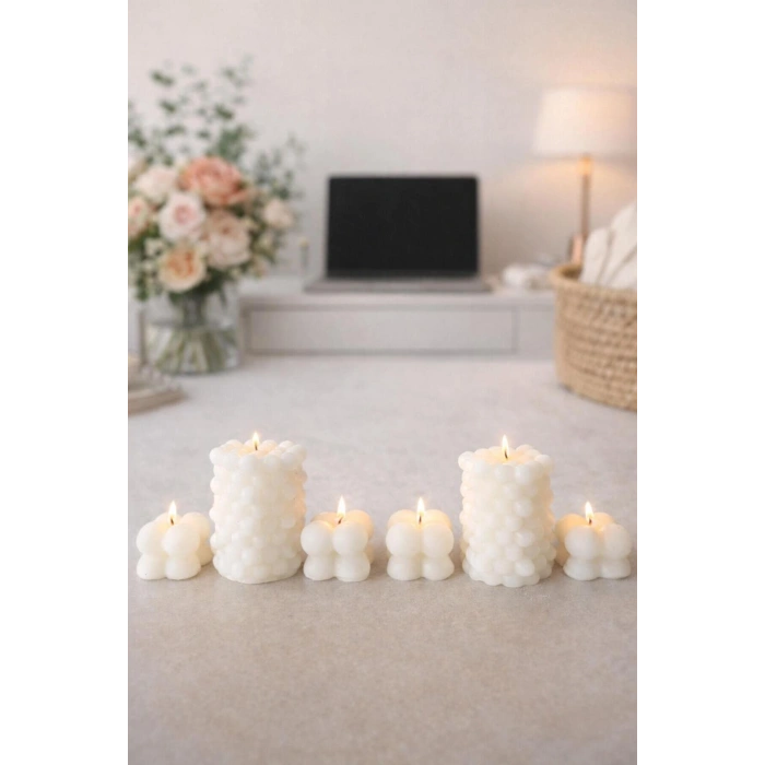 Dekoratif 6lı Bubble Mum Seti | El Yapımı Beyaz Minimalist Mum | Modern Salon & Ev Dekoru