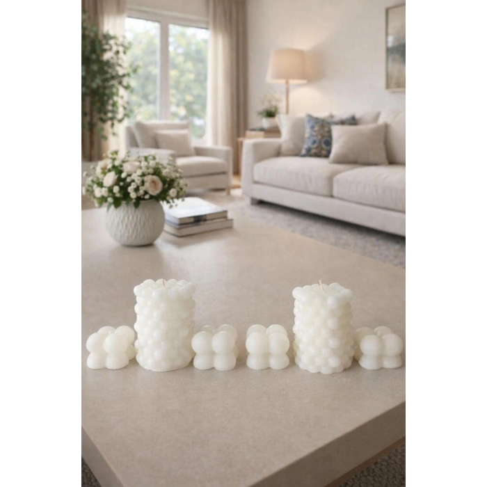 Dekoratif 6lı Bubble Mum Seti | El Yapımı Beyaz Minimalist Mum | Modern Salon & Ev Dekoru