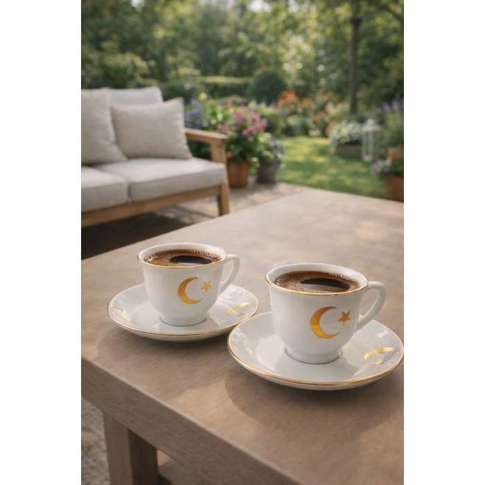 Ay Yıldız Desenli Porselen Türk Kahvesi Fincan Takımı – Gold Detaylı 2’li Kahve Fincanı