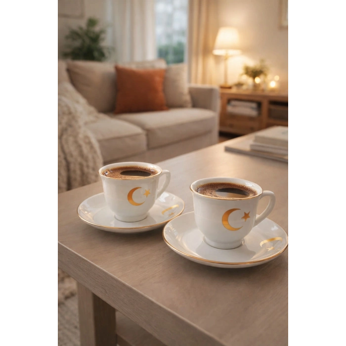 Ay Yıldız Desenli Porselen Türk Kahvesi Fincan Takımı – Gold Detaylı 2’li Kahve Fincanı