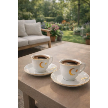 Ay Yıldız Desenli Porselen Türk Kahvesi Fincan Takımı – Gold Detaylı 2’li Kahve Fincanı